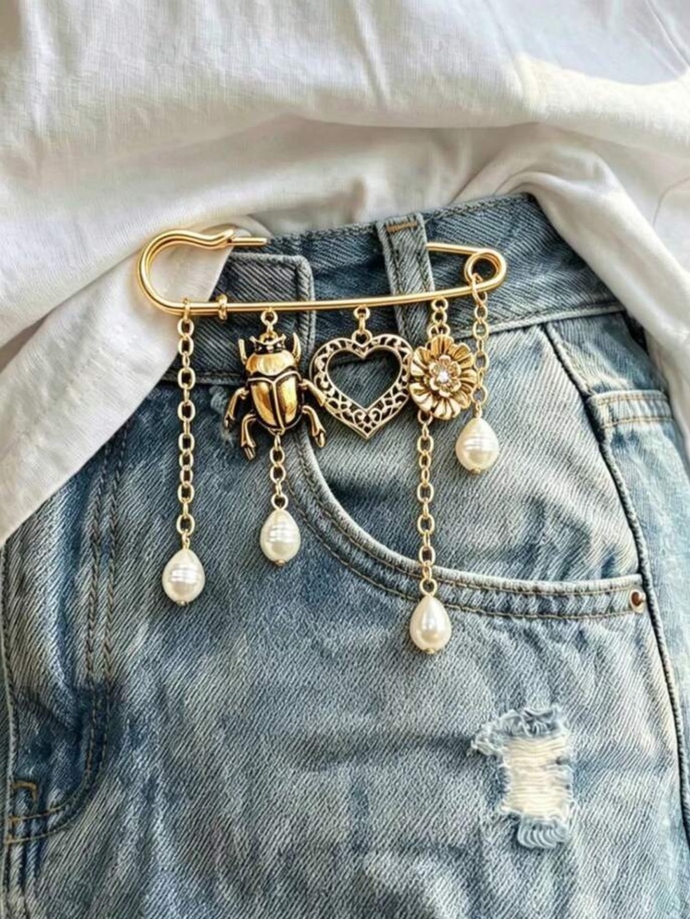 Gold Pearl Charm Safety Pin Brooch with Heart, Scarab & Flower